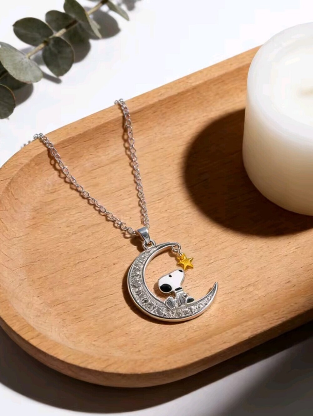 Snoopy Moon & Star Necklace Rhinestone Pendant Silver Tone 60cm Chain - Picture 3 of 9